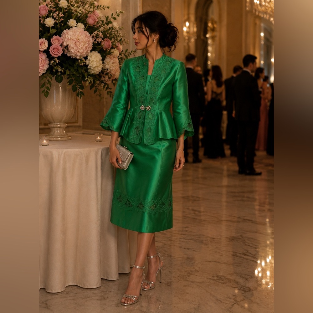 GMI 2-piece green floral embroidered skirt suit church formal‎ wedding 10 chic